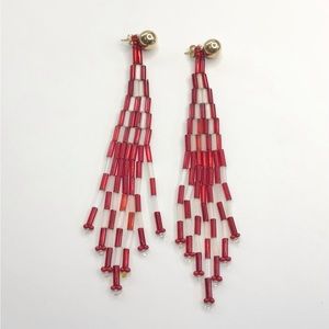 Red and white Glass bugle bead dangling chandelier earrings with gold tone studs